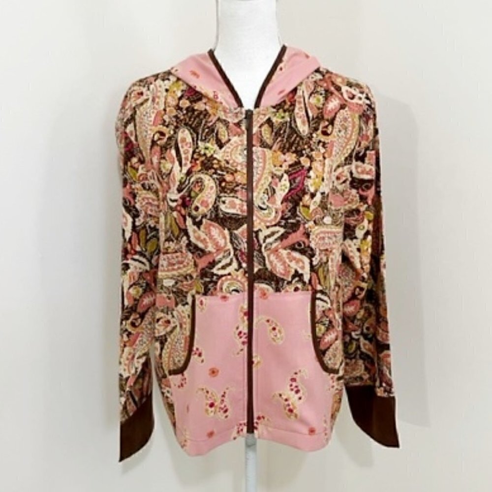 Anne Carson Silk Paisley Hooded Jacket Pink & Brown Zip Front